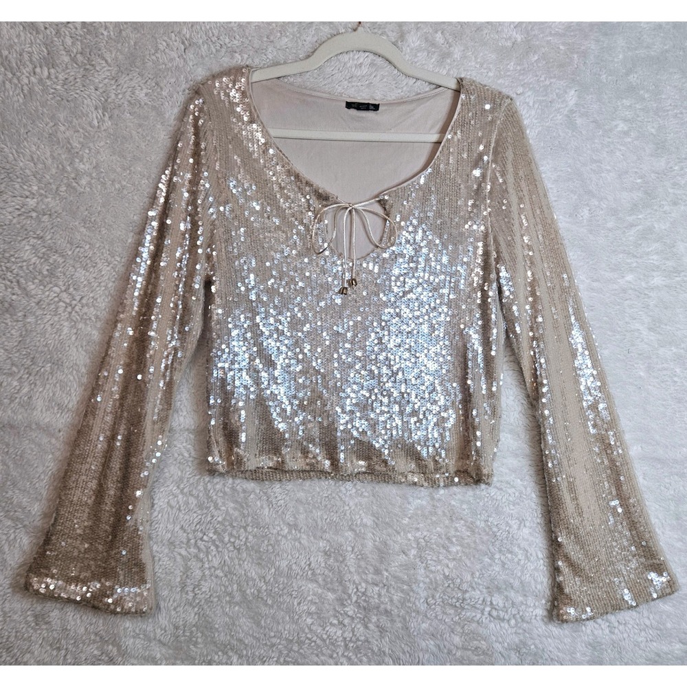 Champagne Sequin Lace Up Long Sleeve‎ Crop Top Sz L Maximalist Glam Sparkle #513